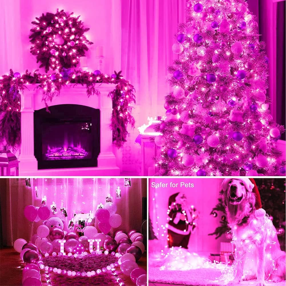 33Ft 100 LED Outdoor Fairy String Lights with Memory Modes Controller, Extendable Decorative Lighting for Weddings, Christmas, Parties, and Patios (Pink)