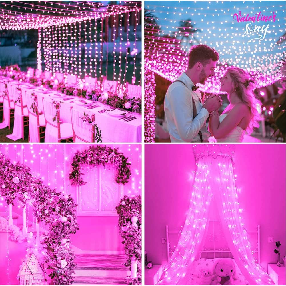 33Ft 100 LED Outdoor Fairy String Lights with Memory Modes Controller, Extendable Decorative Lighting for Weddings, Christmas, Parties, and Patios (Pink)